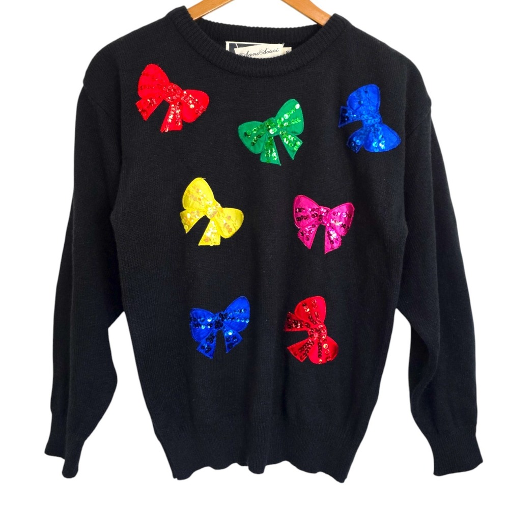 Vintage Sans Souci Colourful Embellished Bows Sweater‎ Black S Small